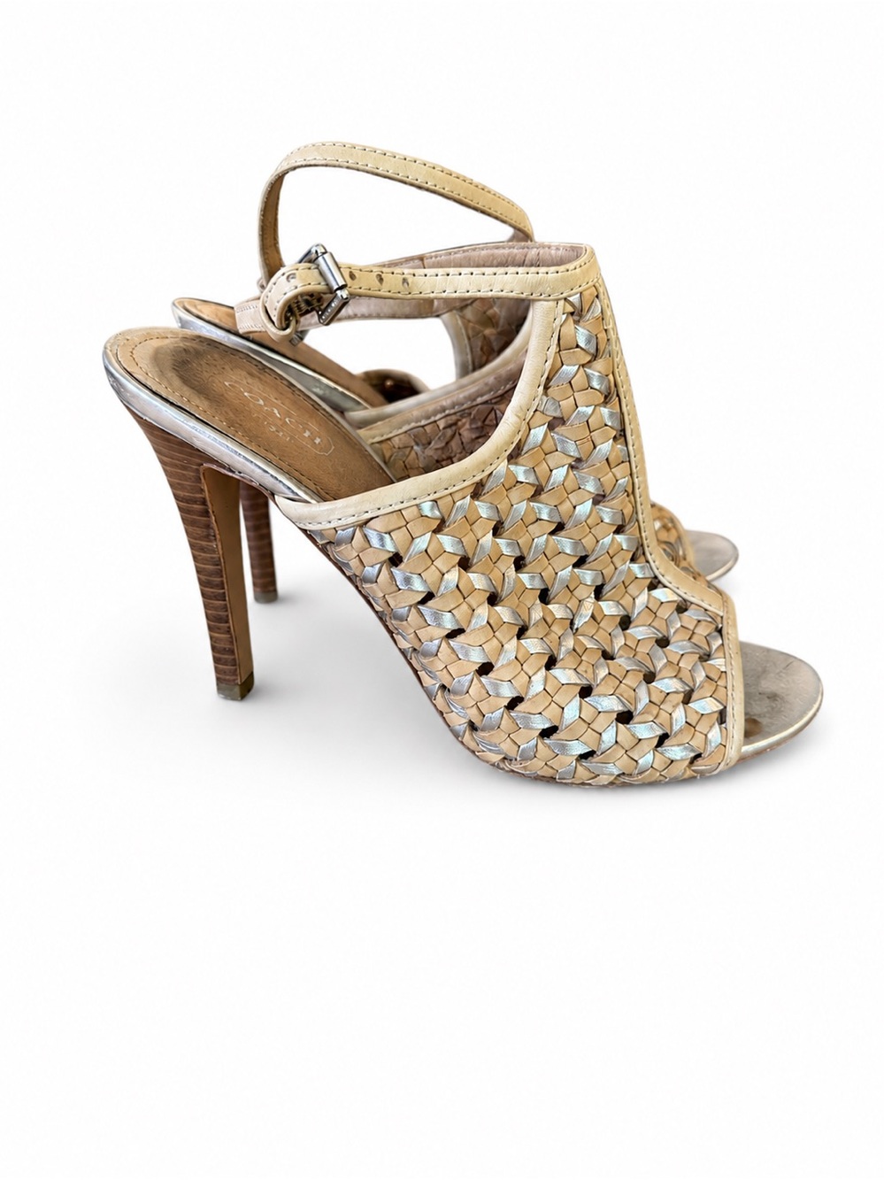 Coach Woven Leather Peep-Toe Heels in Beige and Light Blue
